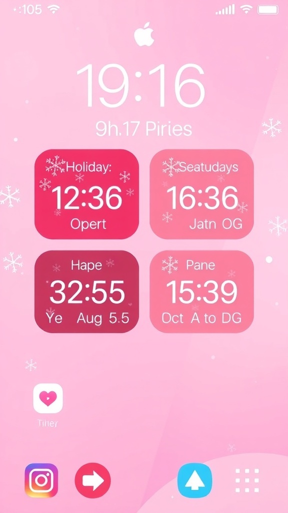 iOS 16 home screen with pink Christmas theme, featuring snowflake wallpaper and festive widgets.